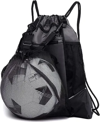 Bolsa de futebol com cordão para meninos, mochila dobrável de basquete, bolsa de academia, bolsa esportiva com bola destacável, bolsa de malha para vôlei, beisebol, yoga, cinza